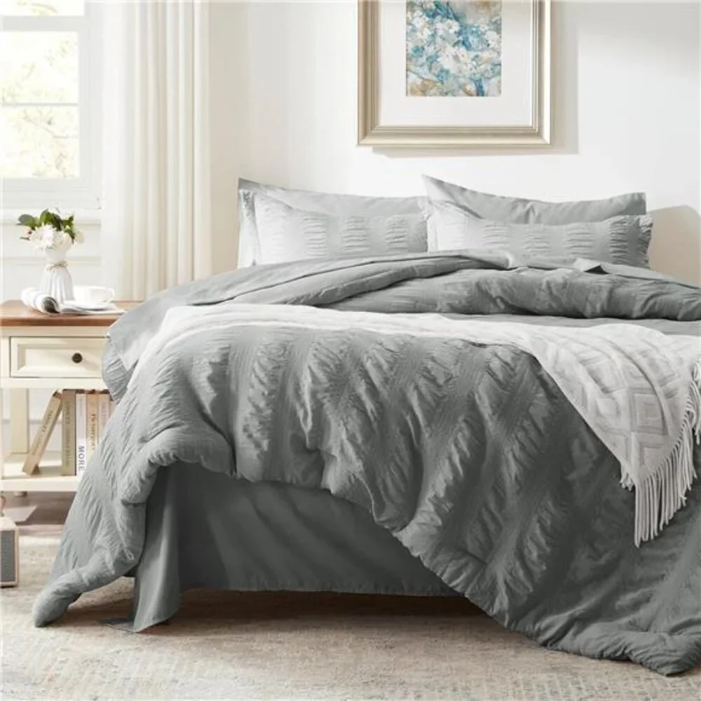 New Full Comforter Set 7 Pieces, Grey Seersucker Bed in a Bag with Comforter